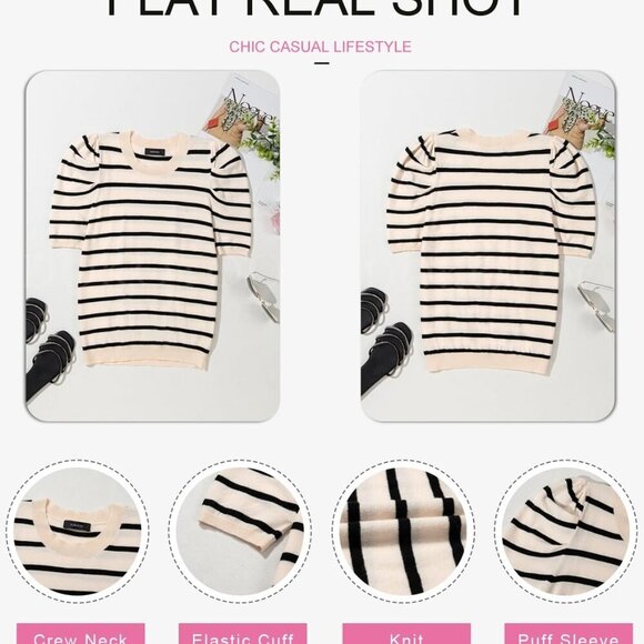 Women's Short Puff Sleeve Knit Tops 2025 Trendy Crewneck Striped T Shirts Casual - Picture 3 of 6